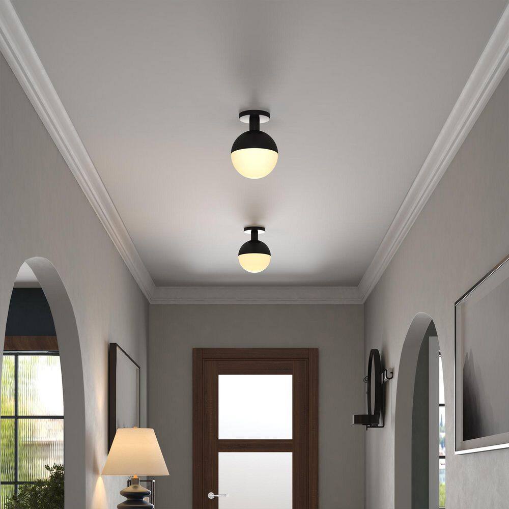 Blackened Bronze and Milk Glass Globe Semi Flush Mount