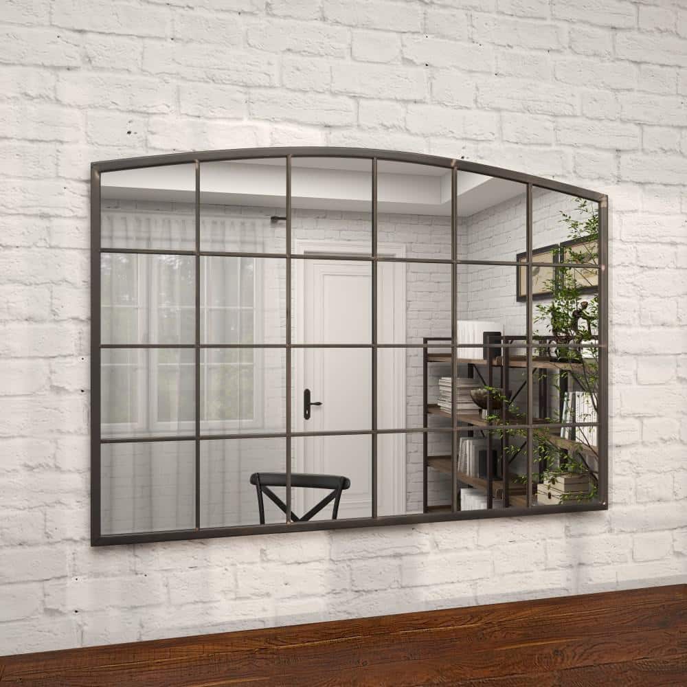 Industrial Black Metal Windowpane Wall Mirror with Arched Top