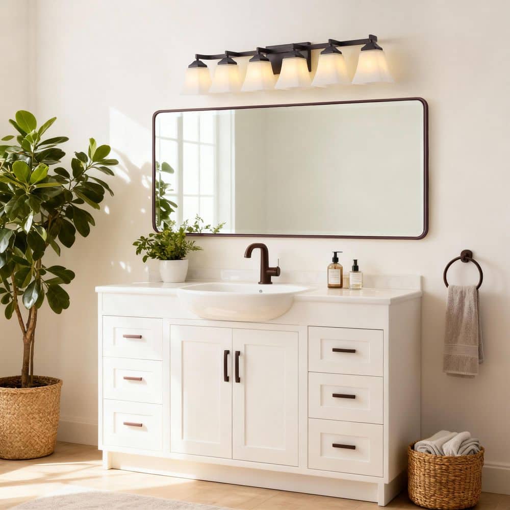 Staunton 39.5 in. 6-Light Farmhouse Cottage Metal LED Oil Rubbed Bronze Vanity Light with Frosted Glass Shades price history on PriceWatchPro
