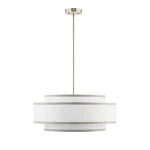 4-Light Brushed Nickel Tiered Drum Shaded Chandelier with White Fabric Shade
