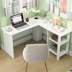 51 in. L-Shaped White Corner Computer Desk Home Office Writing Workstation with Storage Shelves