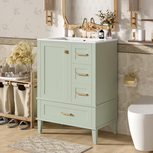 Modern 24.8" Green Bathroom Vanity with Ceramic Sink, Soft-Close Door, Deep Drawer, Shallow Drawer & Wide Drawer