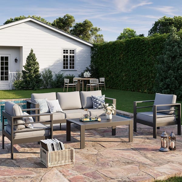 4-Piece Aluminium 5-Seat Outdoor Patio Conversation Set with Light Gray Cushions