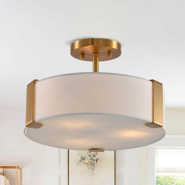 14 in. 3-Light Gold Semi-Flush Mount with White Fabric Shade