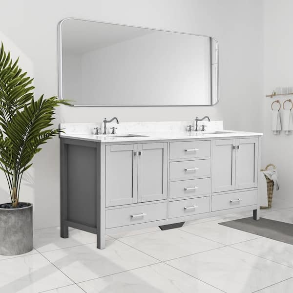 Bath Mist 84 in. W. Double Sink Freestanding Bath Vanity in Gray with White Engineered Top