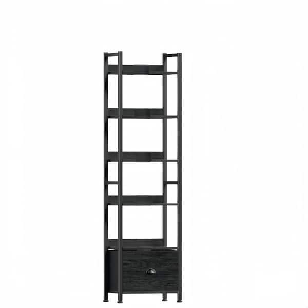 6 Tier Bookshelf with Drawer,Tall Narrow Bookcase,Wood and Metal, Industrial Display Standing Shelf Unit,Black