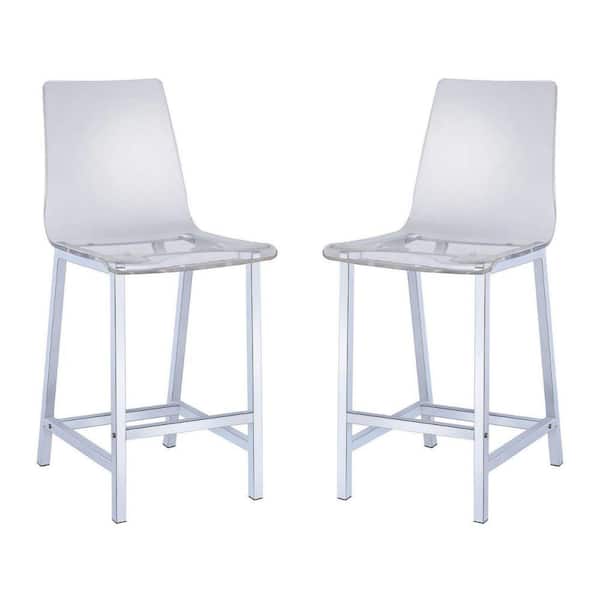 Benjara 38.75 in. H Clear and Silver High Back Acrylic Frame Bar Height Stool with Wooden Frame and Acrylic Seat (Set of 2)