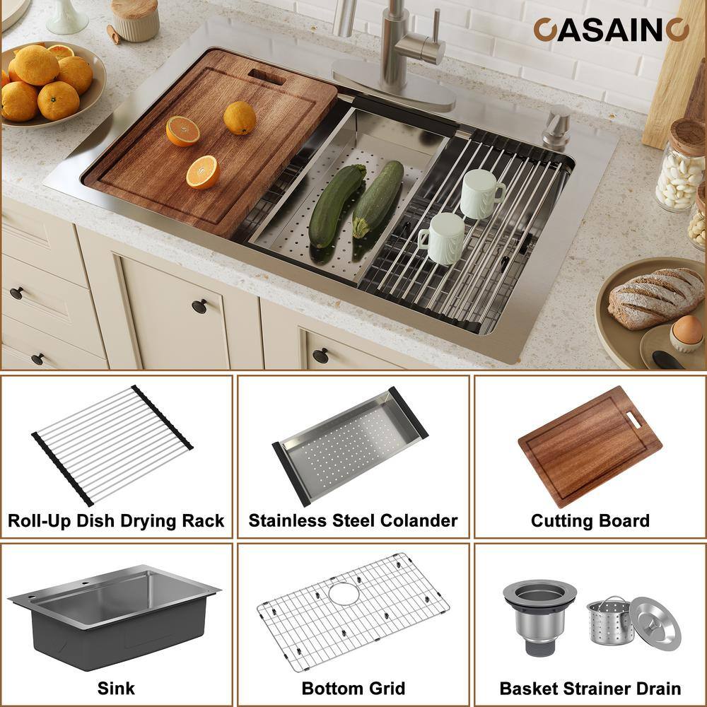 33'' Brushed Stainless Steel Single Bowl Kitchen Sink with Accessories