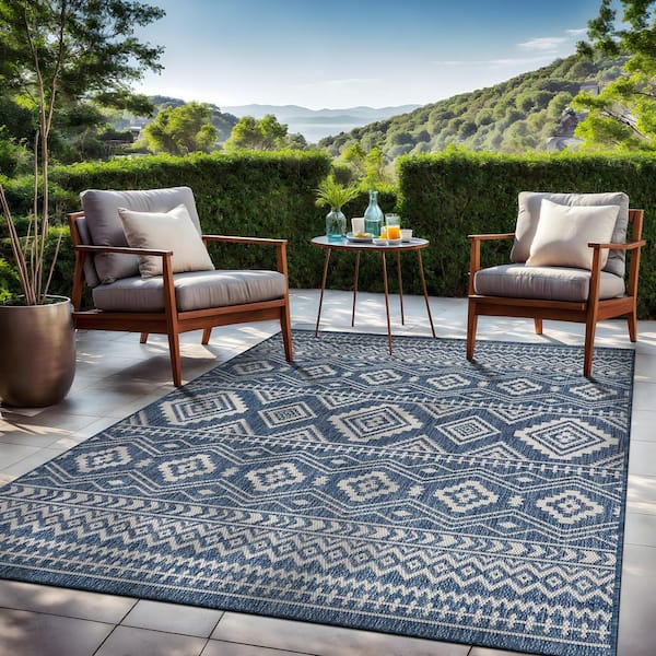 Waikiki Blue/White 6 ft. x 9 ft. Moroccan Geometric Washable Modern Indoor Outdoor Area Rug