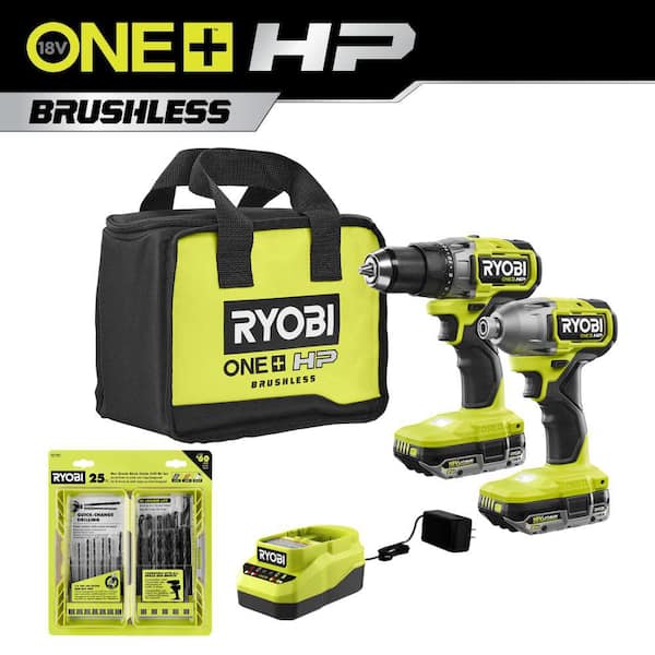 RYOBI ONE+ HP 18V Brushless Cordless Drill/Driver and Impact Driver Kit w/(2) 2Ah Batteries, Charger, Bag, & 25-Piece Bit Set