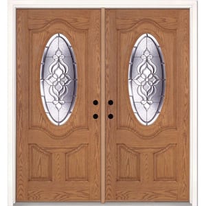 74 in. x 81.625 in. Lakewood Zinc 3/4 Oval Lite Stained Light Oak Right-Hand Fiberglass Double Prehung Front Door