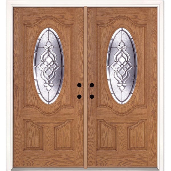 Feather River Doors 74 in. x 81.625 in. Lakewood Zinc 3/4 Oval Lite Stained Light Oak Right-Hand Fiberglass Double Prehung Front Door