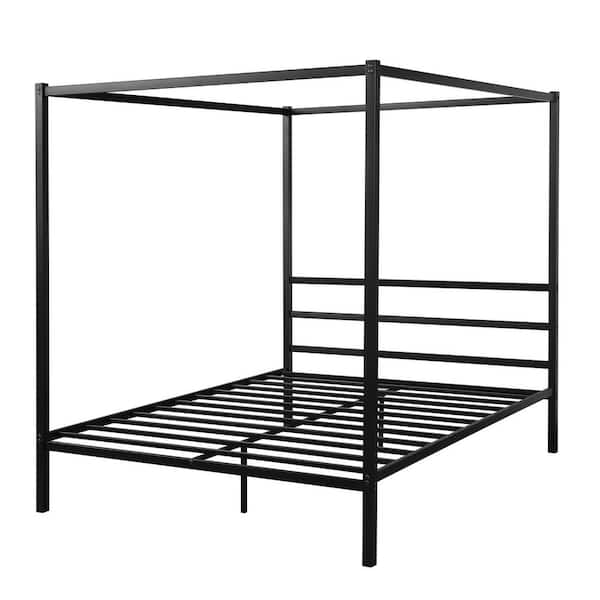 wetiny Black Queen Canopy Platform Bed with Built-in Headboard No Box Spring Needed Metal Framed