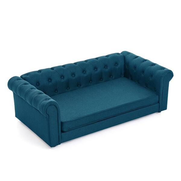 GOGEXX 55 in. W Dark Blue Linen Elevated Dog Sofa Bed for