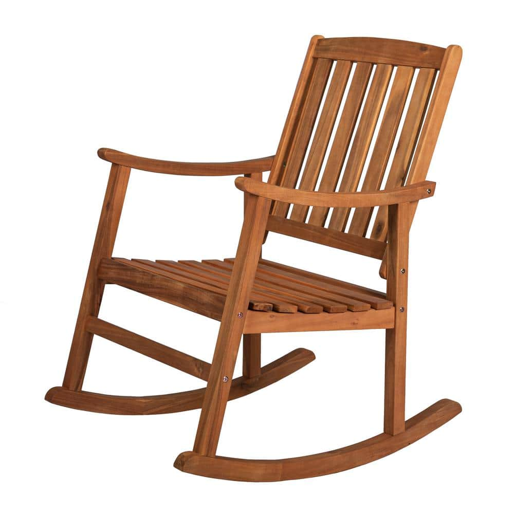 JONATHAN Y Perry Classic Slat-Back 300 lbs. Support Acacia Wood Patio Outdoor Rocking Chair in Teak (Set of 2)