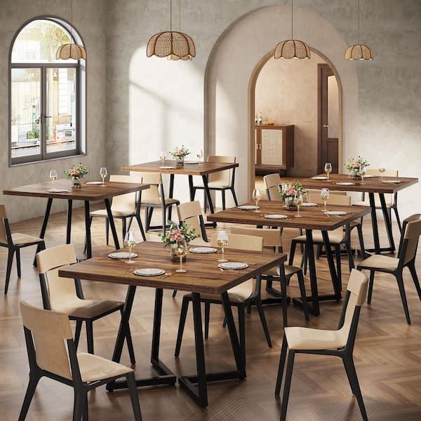 Moronia Rustic Brown Wood 31.5 in. Trestle Dining Table Seats 4, Square Dining Table Set of 6