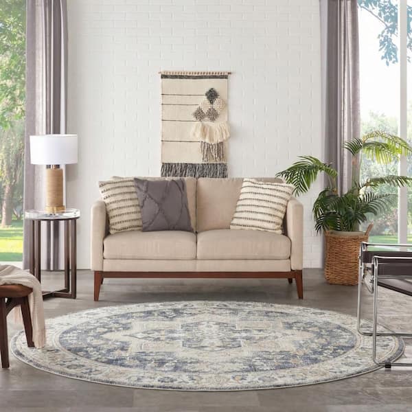 Astra Machine Washable Grey Blue 8 ft. Round x 8 ft. Distressed Traditional Round Area Rug