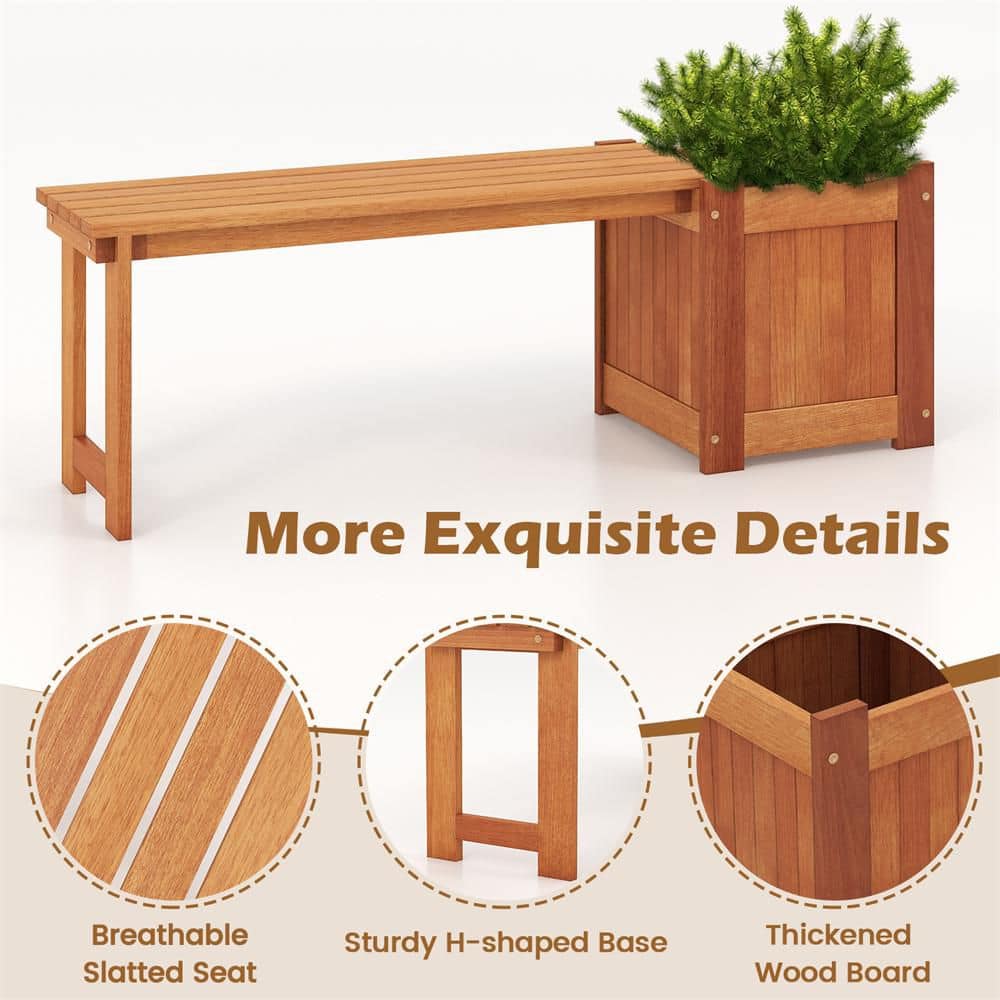 Detail shots of the wood bench's slatted seat, H-shaped base, and thick wood boards.