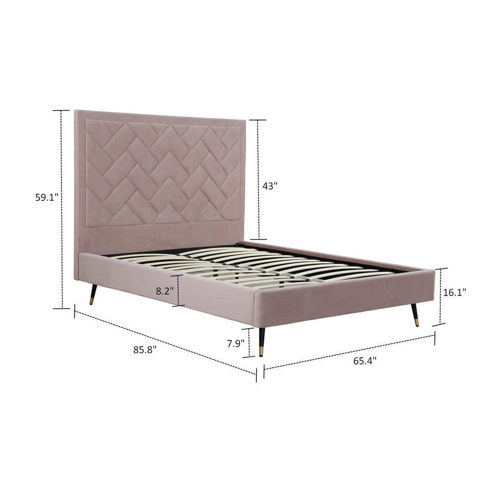 Blush Velvet Upholstered Queen Bed with Chevron Headboard