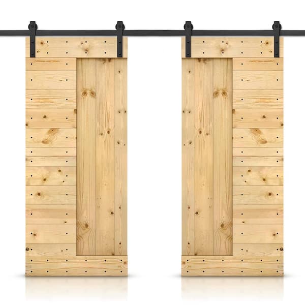 CALHOME 76 in. x 84 in. Unfinished DIY Knotty Pine Wood Interior Double Sliding Barn Door with Hardware Kit