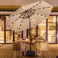 PASAMIC 10 ft. Aluminum Solar Led Market Umbrella Outdoor Patio Umbrella with Base 32 LED Lights in Beige A0AB13E0-B1M01