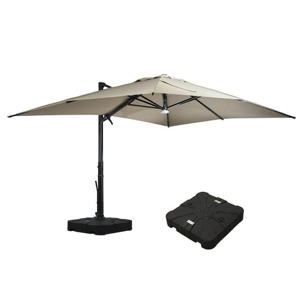 Mondawe 10 ft. x 13 ft. Aluminum Cantilever Outdoor Tilt Patio Umbrella in Taupe with Bluetooth LED Light, Base Weight Stand