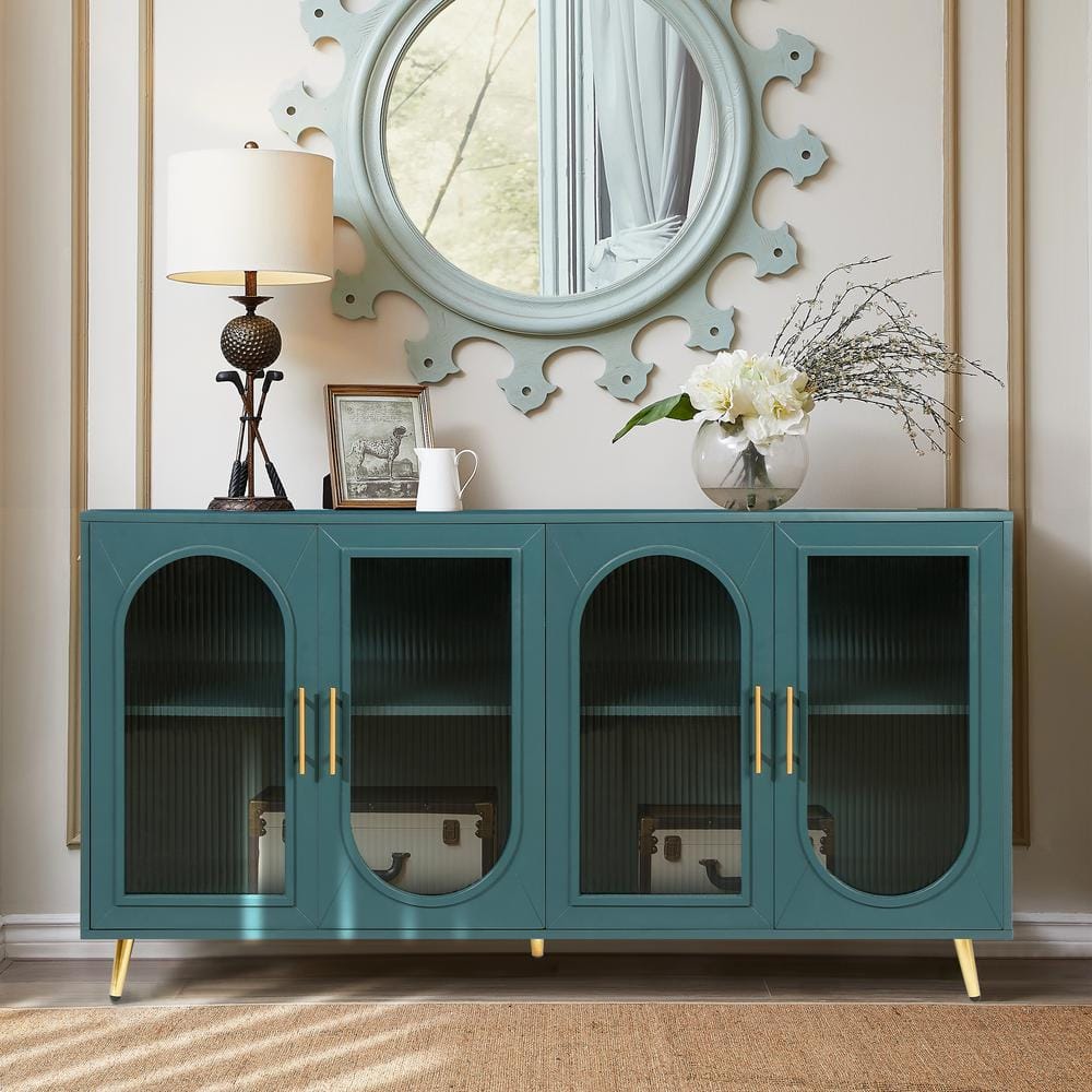 Rustic Wood 60 in. Blue 4-Door Buffet Cabinet Console Table with ...