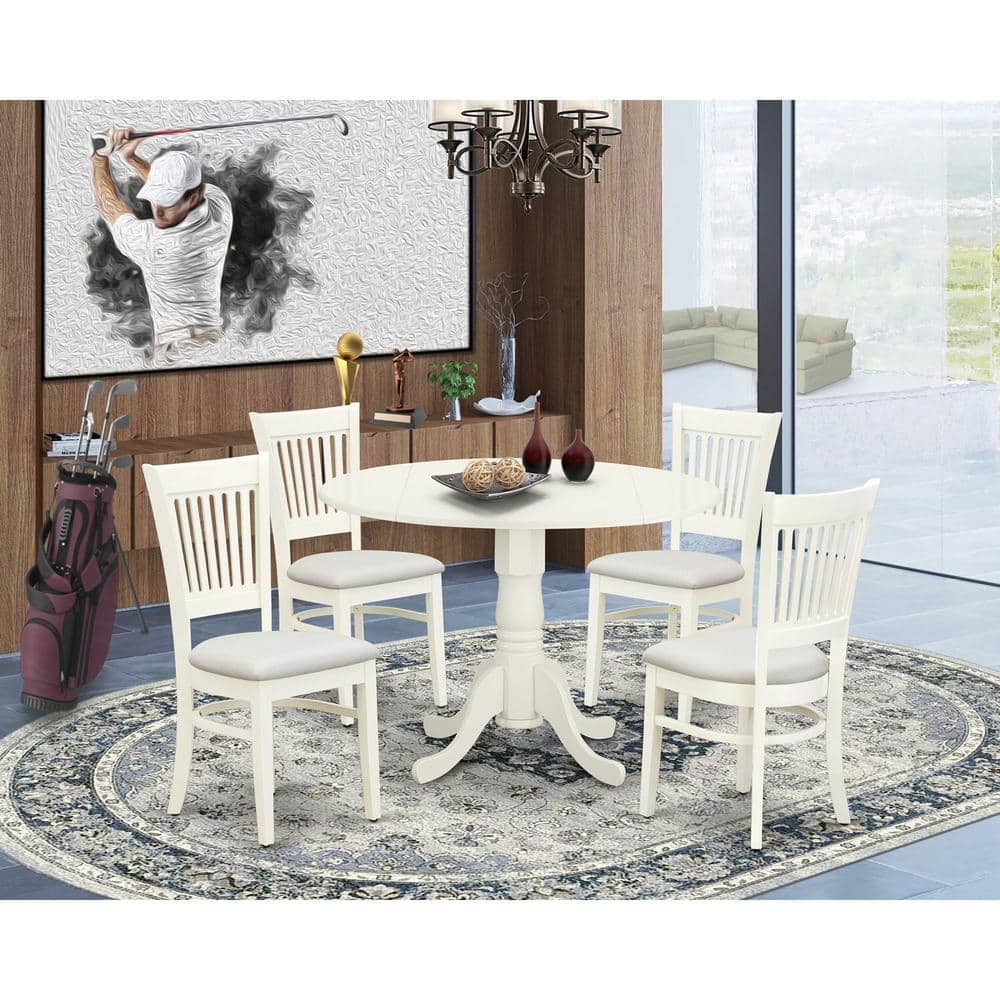5-Piece Linen White Finish Solid Wood Top Dining table with 4 Chairs with Drop Leaf Slat Back