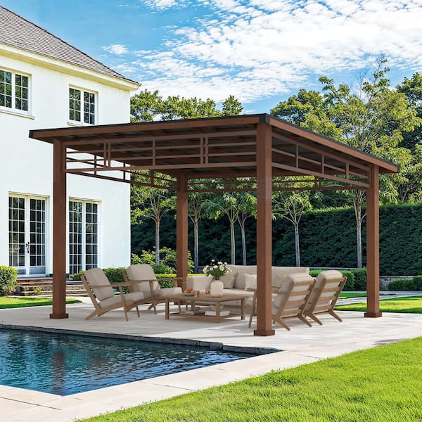 Chandler 12 ft. x 14 ft. Brown Cedar Wooden Gazebo Permanent Pavilion With Hard Top Metal Slope Roof Grill Gazebo