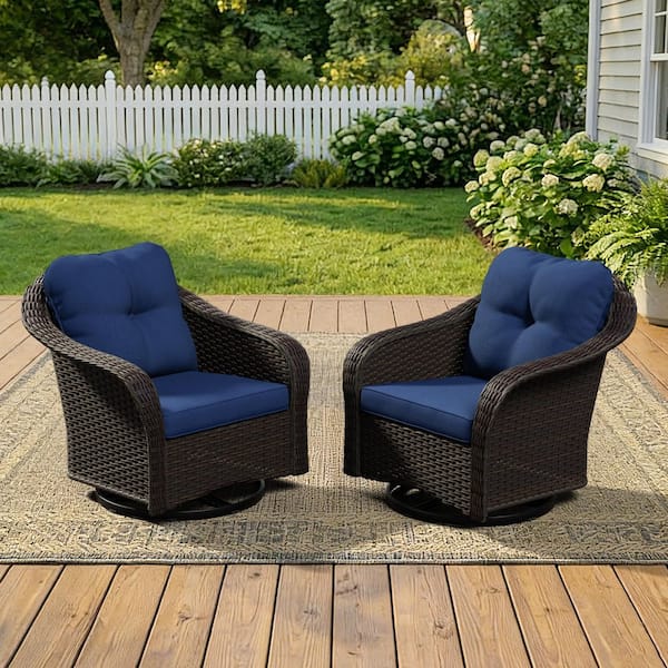 2-Piece Wicker Outdoor Rocking Chair Patio Swivel Chairs with Blue Cushions