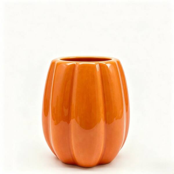 Rustic Farmhouse Orange Glazed Ceramic Utensil Crock with Pumpkin Shape, Seasonal Storage and Fall Decor