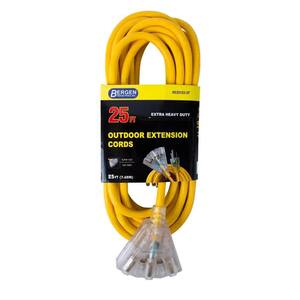 25 ft. 12/3 Sjtw 15 Amp 125V Indoor/Outdoor Triple Tap Extension Cord Heavy Duty Yellow