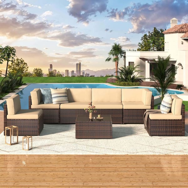 Tenleaf 7-Piece Wicker Patio Conversation Set with Khaki Cushions