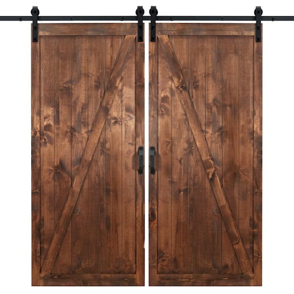 Dogberry 42 in. x 84 in. Walnut Classic Z Wood Double Sliding Barn Door with Hardware Kit