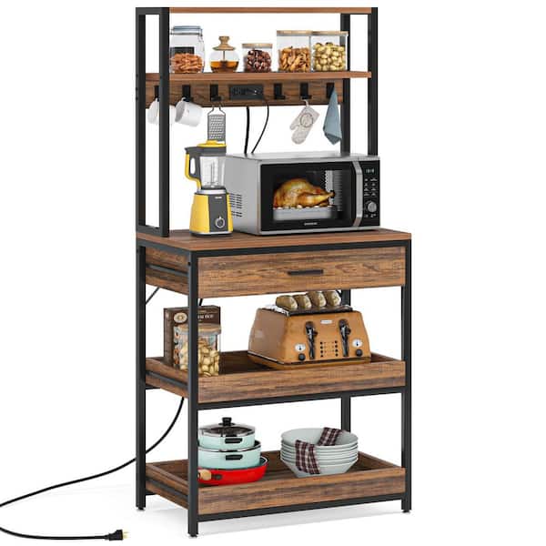 Bachel Vintage Brown Baker's Rack with Power & USB Outlets, 5-Tier Microwave Oven Stand with Drawer and Sliding Shelves