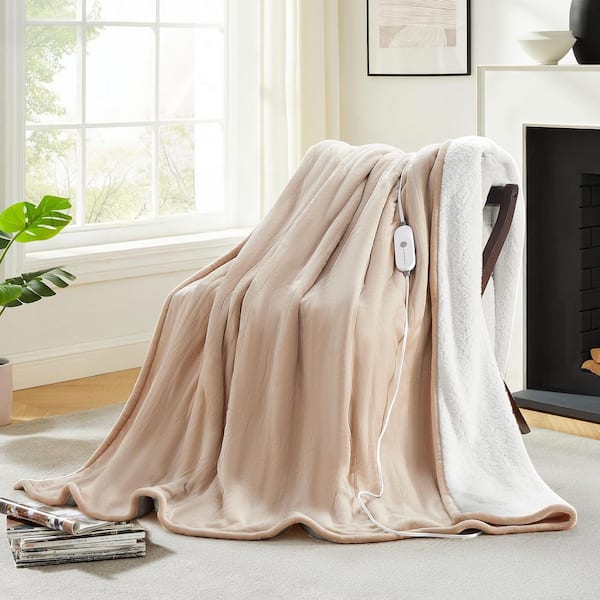Beige Flannel + Polyester Throw Electric Blanket