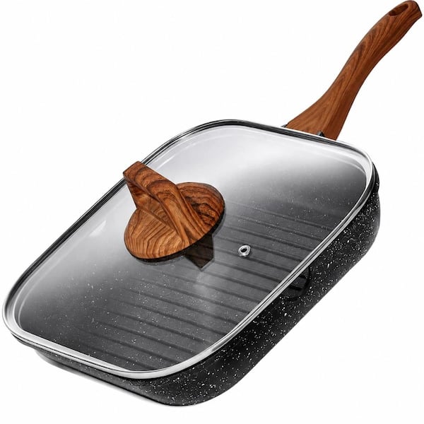 Nonstick Square Grill Pan with Lid and Tongs for Stove Tops, 9.5 in, PTFE and PFOA Free, Pour Spouts, Indoor