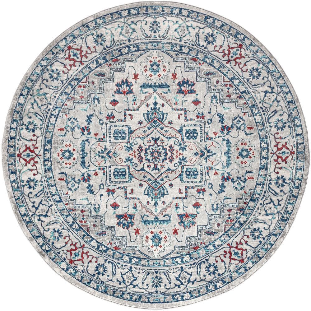 Modern Floral Vintage Medallion 5' Round Area Rug in Light Gray/Blue
