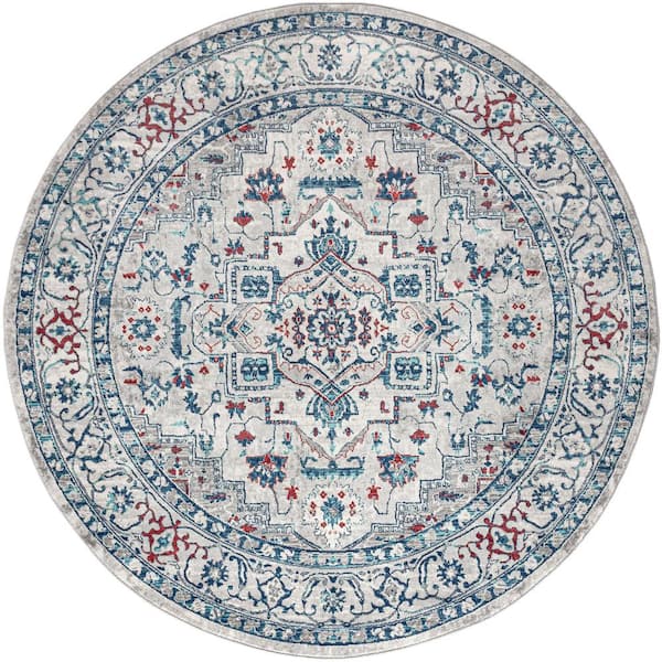 Modern Persian Vintage Medallion Light Grey/Blue 5 ft. Round Area Rug