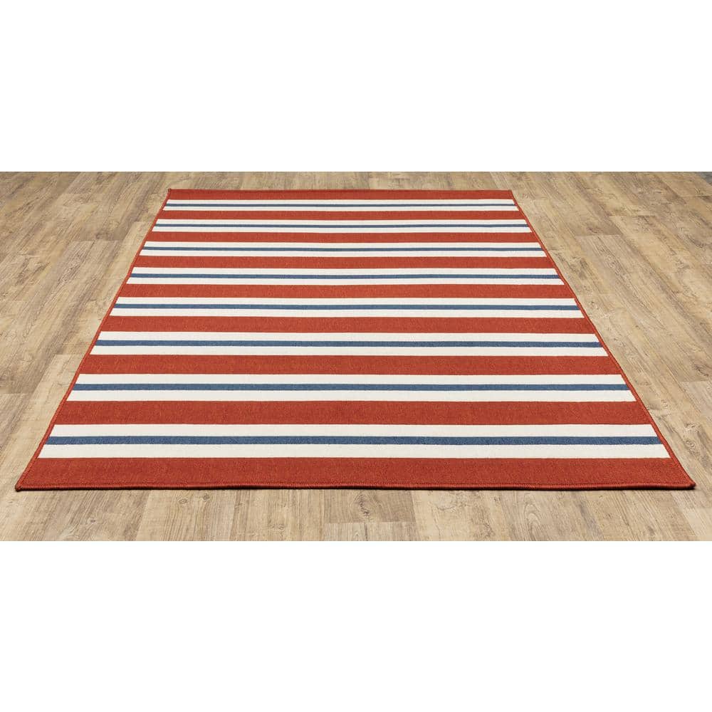 Red and White Striped Polypropylene Outdoor Rug, 7'10" x 10'10"
