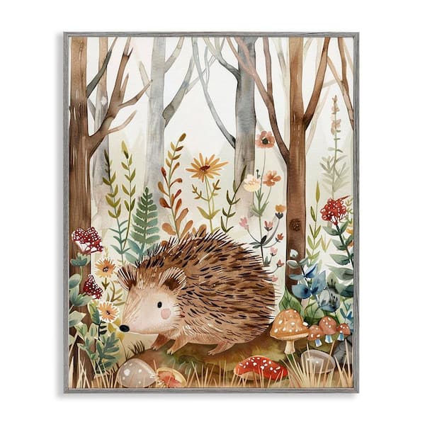 Stupell Industries Soft Woodland Hedgehog by LSR Design Studio Gray Framed Nature Giclee Art Print 20 in. x 16 in.