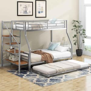 Silver Twin Over Full Size Metal Bunk Bed with Trundle and Storage Staircase