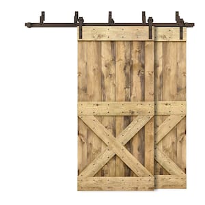 64 in. x 84 in. Mini X-Bypass Weather Oak Stained DIY Solid Wood Interior Double Sliding Barn Door with Hardware Kit