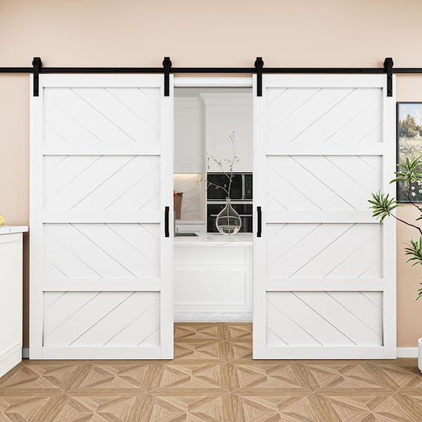 ARK DESIGN 84 in. x 84 in.（Two 42 in. Slabs）White 4 Lite Wave Shape Prefinished Sliding Barn Door with Hardware Kit