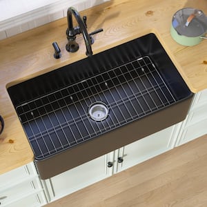 30 in. Apron Front Black Single Bowl Center Drain Fireclay Farmhouse Kitchen Sink With Bottom Grids And Basket Strainer