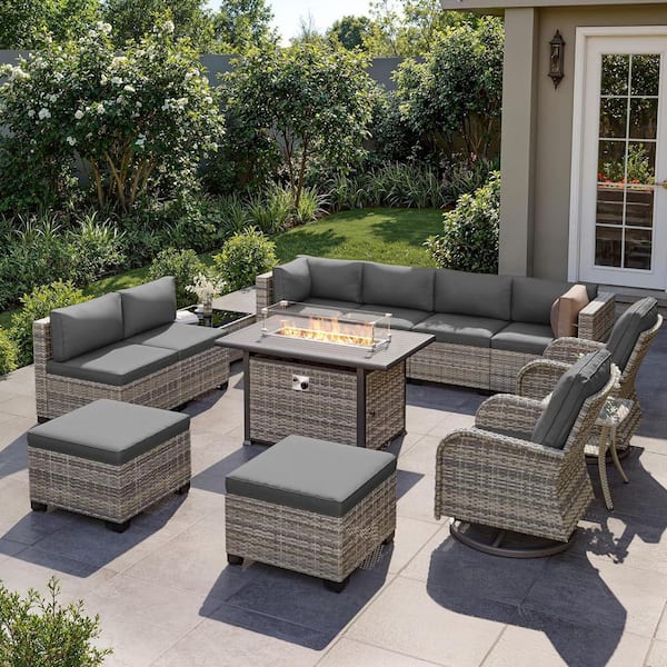 13-Piece Wicker Patio Conversation Set with 55,000 BTU Fire Pit Table and Glass Top Table with Gray Cushions