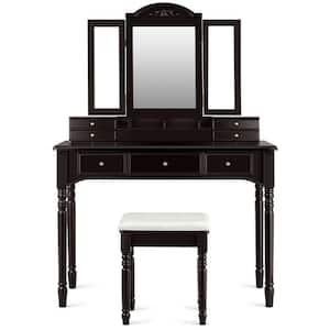 7-Drawer Coffee Makeup Dressing Table with Tri-Folding Mirror and Cushioned Stool
