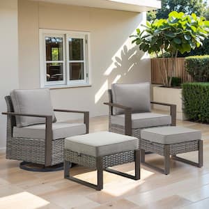 Allcot 4-Piece Gray Patio Swivel Chair with Ottoman Wicker Outdoor Rocking Chair with CushionGuard Gray Cushions