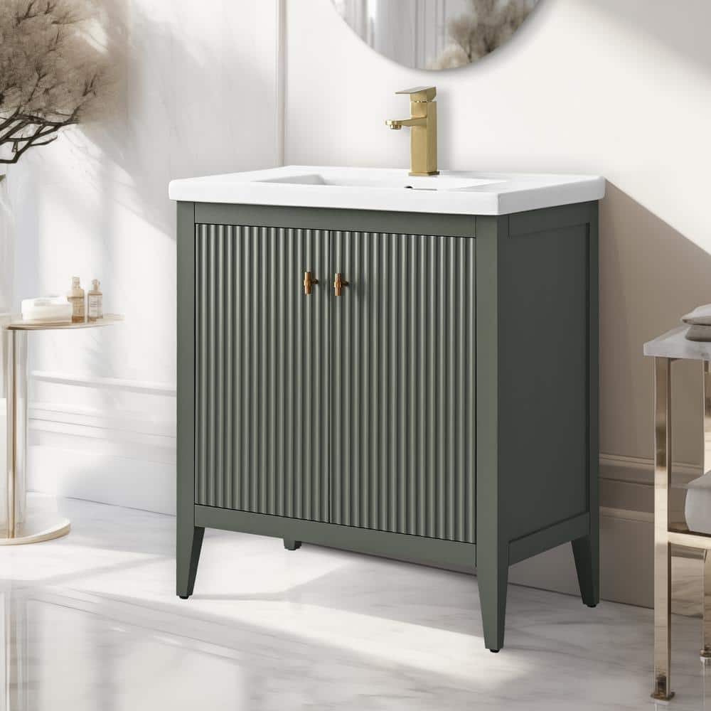 30" Green and Gold Poplar Wood Single Sink Bathroom Vanity