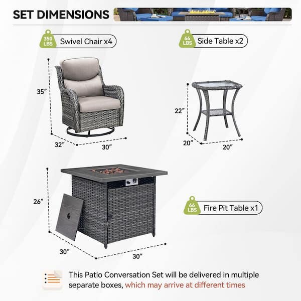 Luxury Gray Wicker Fire Pit Conversation Set with Olefin Beige Cushions and Patio Swivel Chairs/Side Tables